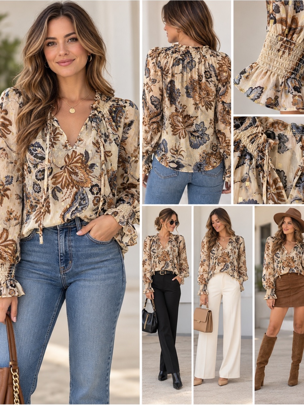 LOFT Beige Floral Long-Sleeve Peasant Blouse
